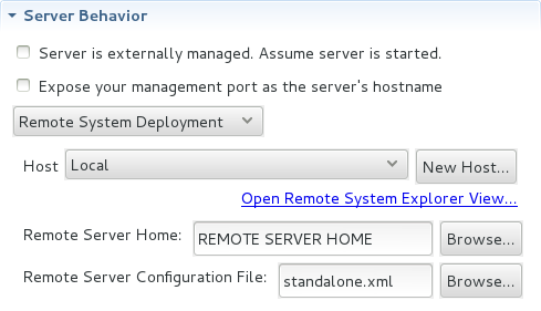 For remote systems, there are further details that must be specified: the host, the path of the remote application server, and the remote application server configuration file.