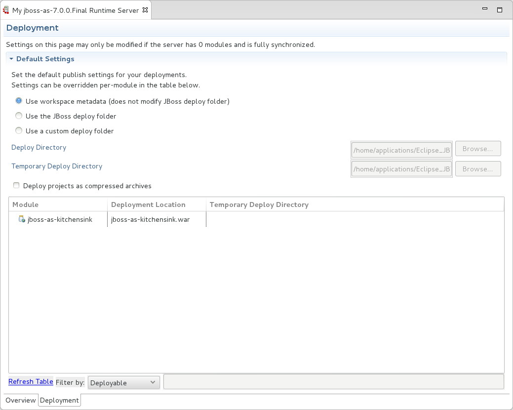 The Deployment mode lists applications deployed to the server. Within this mode you can specify the general publishing behavior for applications and provide deployment settings for individual applications.