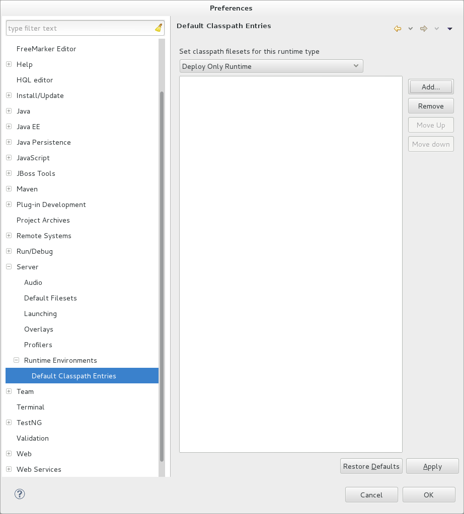 To customize the classpath fileset for an application server type, click Window→Preferences. Expand Server→Runtime Environments and select Default Classpath Entries. From the Select classpath filesets for this runtime type list, select a JBoss community application server type. Click Add or click Remove to customize the classpath filesets. Click Apply and click OK to close the window.