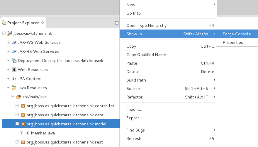 To navigate to a project resource on the Forge command line, in the Project Explorer tab right-click any project resource and click Show In→Forge Console.