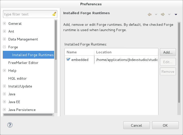 To manage the available Forge runtime servers, click Window→Preferences, expand Forge and select Installed Forge Runtimes.