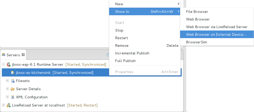Ensure the server and application of the deployed resources are started. In the Servers tab, right-click the application and click Show In→Web Browser on External Device.