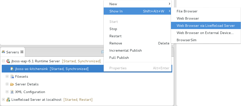 Ensure the server and application of the deployed resources are started. In the Servers tab, right-click the application and click Show In→Web Browser via LiveReload Server.