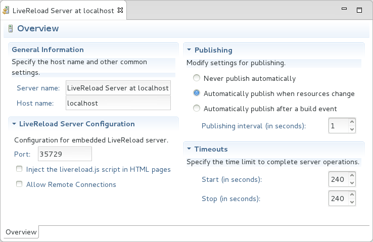 The details below outline how to set the configuration options using the Server Editor. To open the Server Editor for a LiveReload server, in the Servers tab double-click the LiveReload server. Alternatively, right-click the LiveReload server and click Open or press F3.