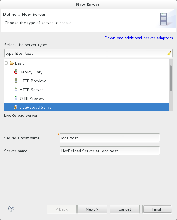 From the list of server types, expand Basic and select LiveReload Server.
