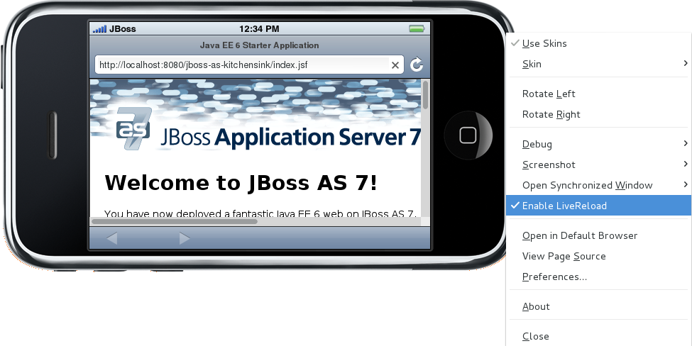Right-click the simulated device and ensure the Enable LiveReload check box is selected.