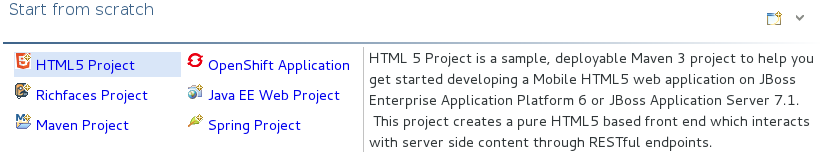 In the JBoss Central tab under Start from scratch, click HTML5 Project.