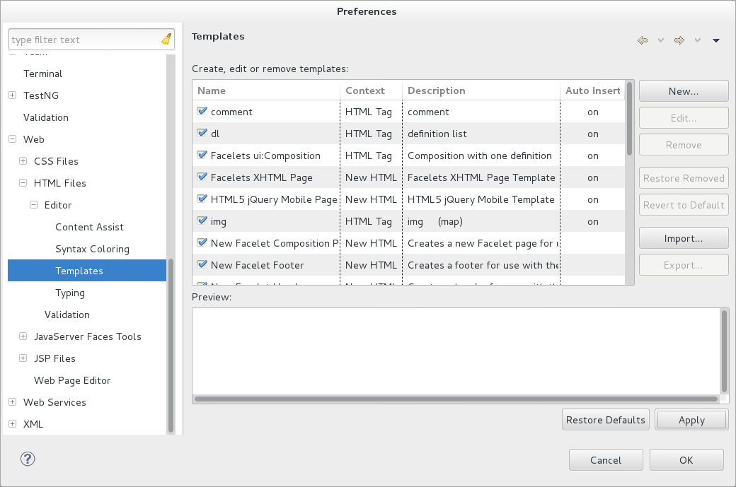 To customize the jQuery Mobile templates available in the IDE, click Window→Preferences. Expand Web→HTML Files→Editor and select Templates.