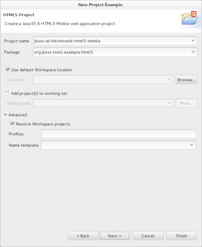 In the Project name field, type a name for the project. In the Package field, type a package name for the project resources.