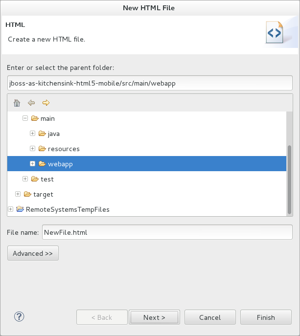 In the Enter or select the parent folder field, type a project path or expand the project folder tree and select the parent folder for the new file. In the File name field, type the name for the new file. It is not essential to include the file extension in the name as this is automatically appended if it is found to be missing.