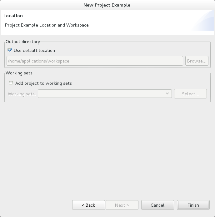 To create the project in a different location to the Workspace default, clear the Use default Workspace location and type the path in the field or click Browse to navigate to the location.