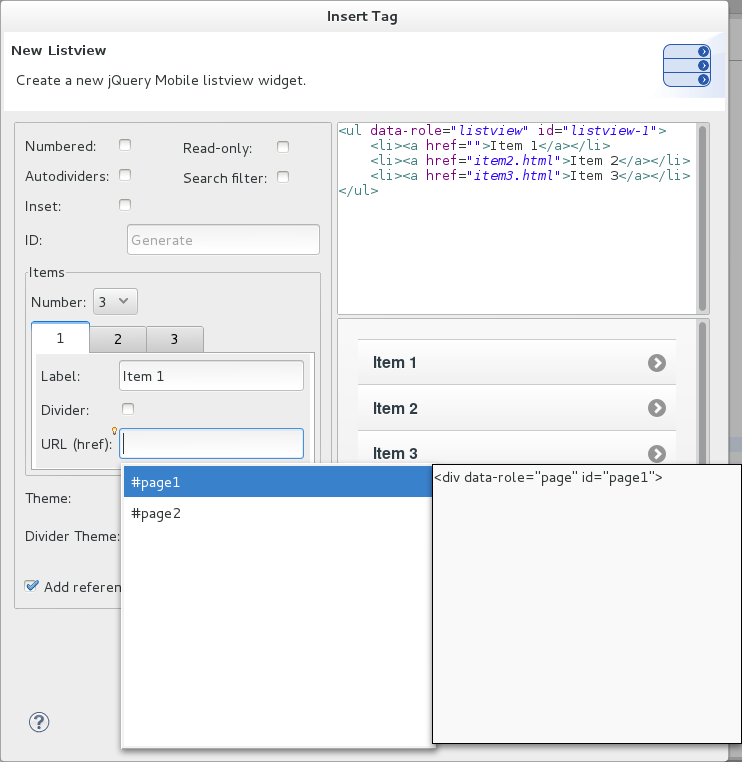 To view code assist in a widget wizard, ensure the text cursor is located in the URL (href) field and press Ctrl+Space. To view more information about a listed item, select the item. To insert a listed item into the code, double-click the item.