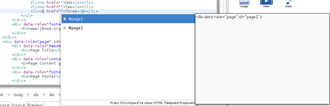 To view code assist in a file, ensure the text cursor is located at the desired insertion point in the file and press Ctrl+Space. Repeatedly press Ctrl+Space to cycle through HTML and JSF EL completion options. To view more information about a listed item, select the item. To insert a listed item into the code, double-click the item.