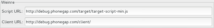 To change the default settings for Weinre, right-click the simulated device and click Preferences. In the Weinre section of the Settings tab, in the Script URL field type the address of the .js file provided by the Weinre server and in the Client URL field type the address of the web page showing the Weinre Inspector interface. Click OK to close the window.
