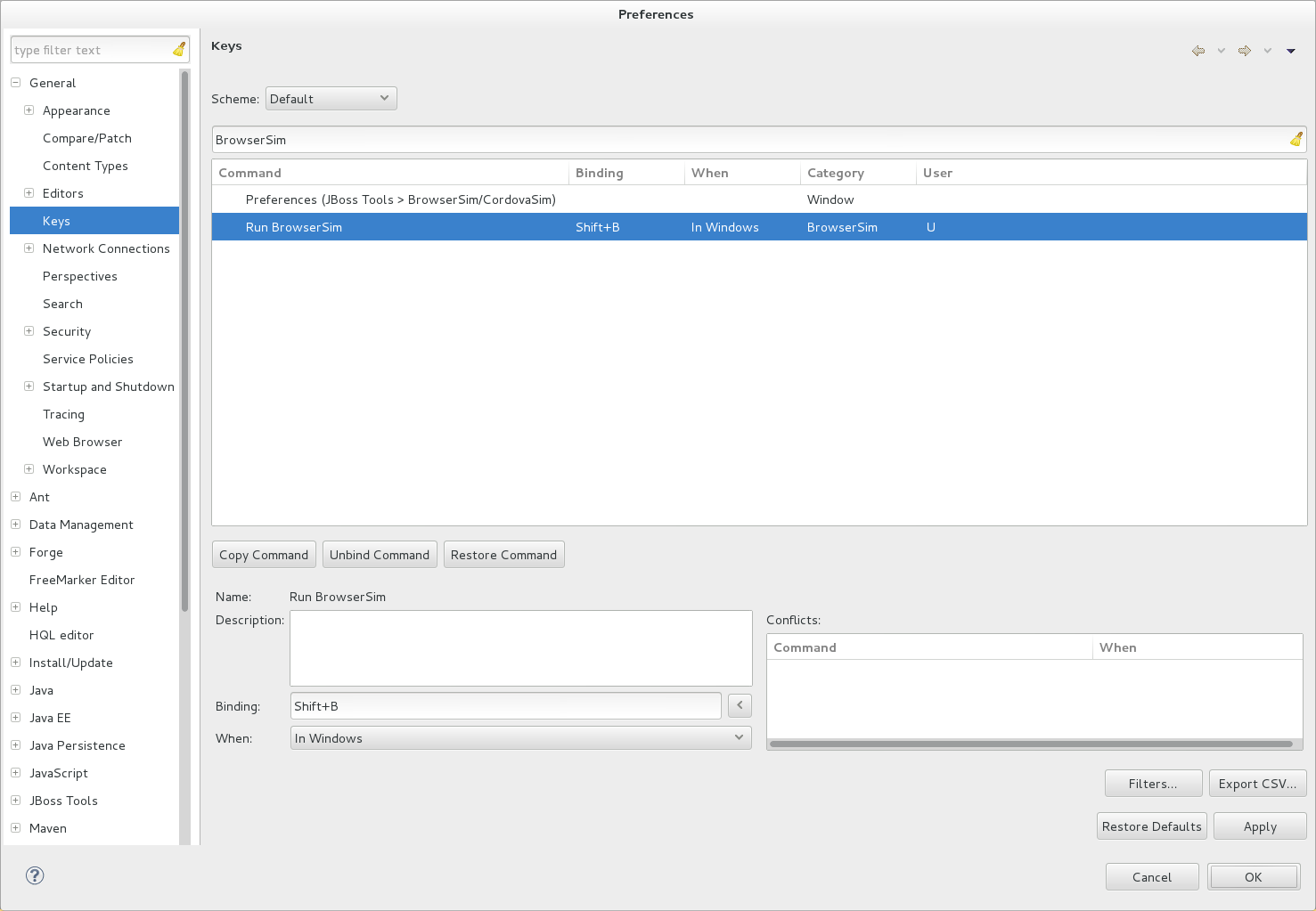 Once a unique key binding is selected, click Apply and click OK to close the Preferences window.