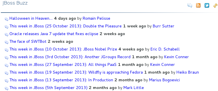 In the JBoss Central tab, select the Getting Started page and click the links under JBoss Buzz. To see previews of the blog posts, hover the cursor over these links. To view a complete list of JBoss blog posts, click the JBoss Buzz button.