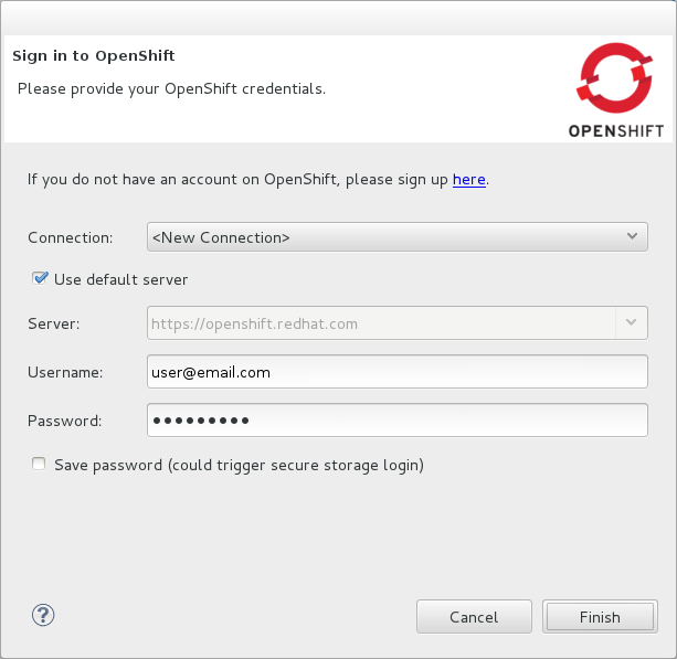 From the Connection list, select New Connection. In the Username and Password fields, type your OpenShift user account authentication information.
