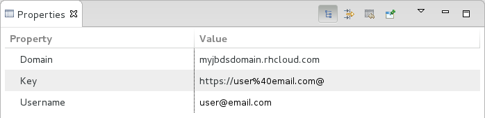 In the OpenShift Explorer view, right-click the connection and click Properties. The Properties view opens and shows information about the associated domains, key and user account. The Key parameter is unique to the connection and it is used by the IDE for identification purposes.
