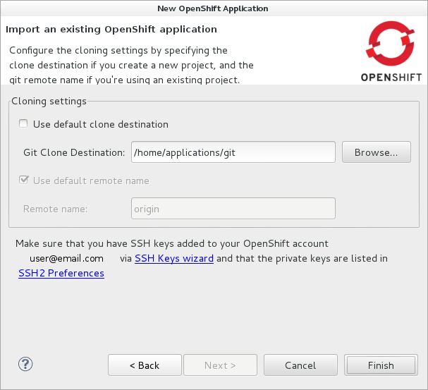 The Git Clone Destination field shows the location to be used for the local Git repository. The location must already exist to be able to proceed with the wizard. To change the location, clear the Use default clone location check box and type the location in the Git Clone Destination field or click Browse to navigate to the location.
