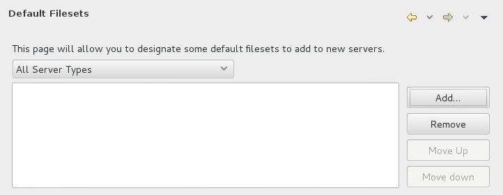 To customize the default file set for an application server type, click Window→Preferences. Expand Server and select Default Filesets. From the list, select a JBoss community application server type. Click Add or click Remove to customize the default file sets. Click Apply and click OK to close the Preferences window.