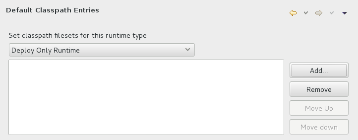 To customize the classpath file set for an application server type, click Window→Preferences. Expand Server→Runtime Environments and select Default Classpath Entries. From the Select classpath filesets for this runtime type list, select a JBoss community application server type. Click Add or click Remove to customize the classpath file sets. Click Apply and click OK to close the Preferences window.