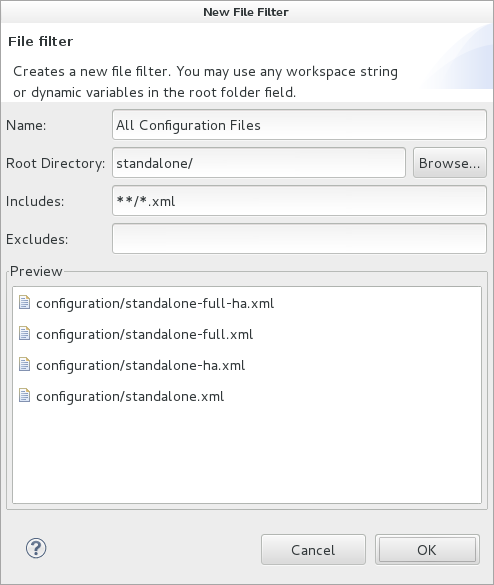 In the Name field, type a name for the filter. In the Root Directory field, type the path of the directory in which the filter should be applied or click Browse to navigate to the location. In the Includes and Excludes fields, type the regex patterns for filtering. Click OK to create the filter.