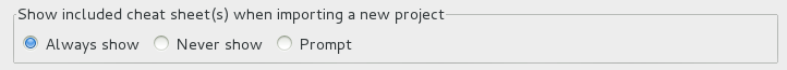 To customize the behavior, click Window→Preferences. Expand JBoss Tools and select Project Examples. From the Show included cheat sheet(s) when importing a project list, click one of the options. Click Apply and click OK to close the window.
