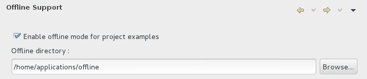 To inform the IDE to use the generated project examples cache, click Window→Preferences. Expand JBoss Tools→Project Examples and select Offline Support. Select the Enable offline mode for project examples check box. Ensure the correct cache location is specified in the Offline directory field. Click Apply and click OK to close the Preferences window.