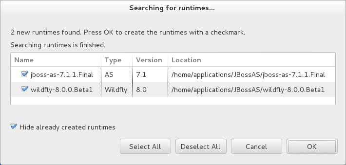 If new application servers are found and you want to generate server runtime environments for them, select the check boxes of the appropriate application servers and click OK.
