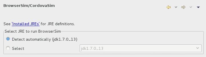 To set BrowserSim to use a 32-bit JVM, click Window→Preferences. Expand JBoss Tools and select BrowserSim/CordovaSim.