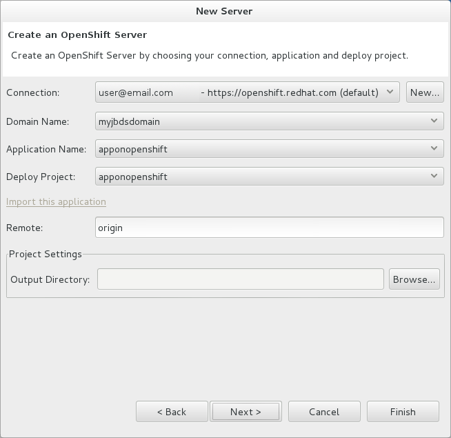 Ensure the Use existing application check box is selected and type the name of the application in the text field. This field has an automatic completion feature to assist you in typing the application name or click Browse to see a list of all of your applications associated with the connection.