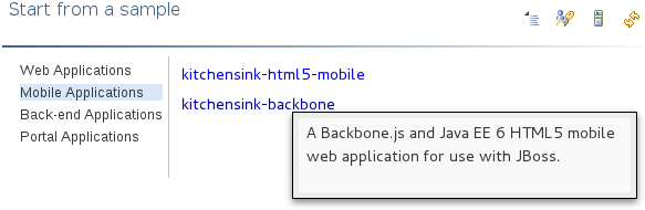 The Start from a sample wizards create sample web, mobile, back-end and portal applications. To view a project summary, hover the cursor over a project wizard.