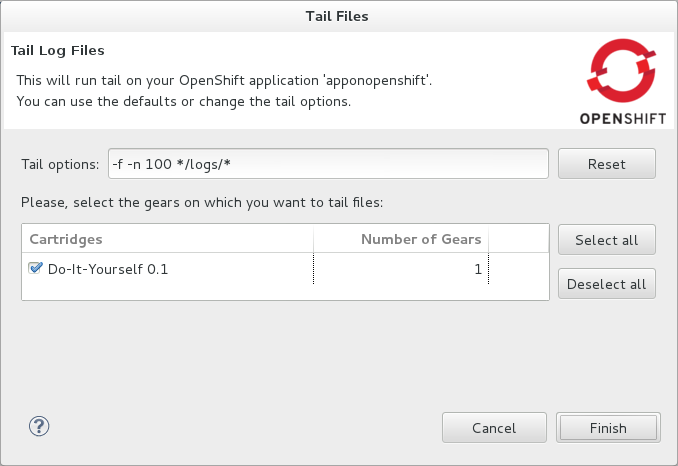 To change the retrieval command, in the Tail options field type the appropriate syntax. To specify the gears for which to show the server logs, from the table select the check boxes of the appropriate gears. Click Finish for OpenShift to retrieve the output, which is displayed in a distinct Console view for each gear.