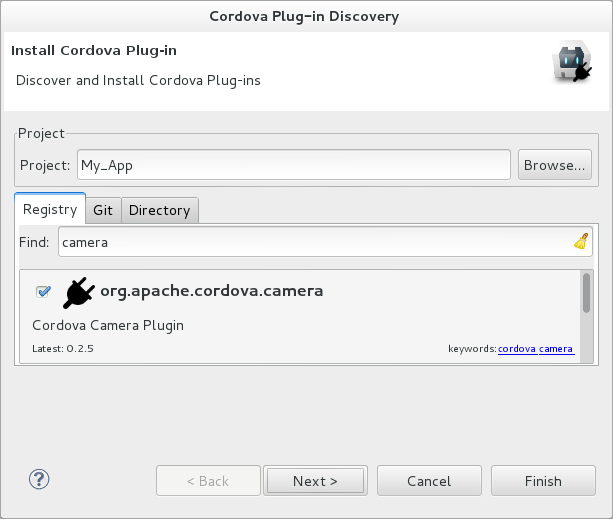 In the Registry tab, in the Find field enter the name of the feature or scroll through the list to find the plug-in. Select the check box for the plug-in and click Next.