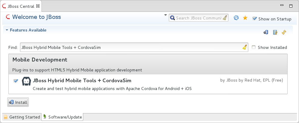 Alternatively, in JBoss Central select the Software/Update tab. In the Find field, type JBoss Hybrid Mobile Tools or scroll through the list to locate JBoss Hybrid Mobile Tools + CordovaSim. Select the corresponding check box and click Install.