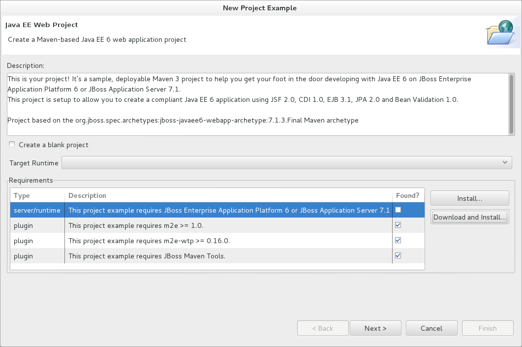Information about the platform and plug-in requirements is listed on the first page of each project wizard.