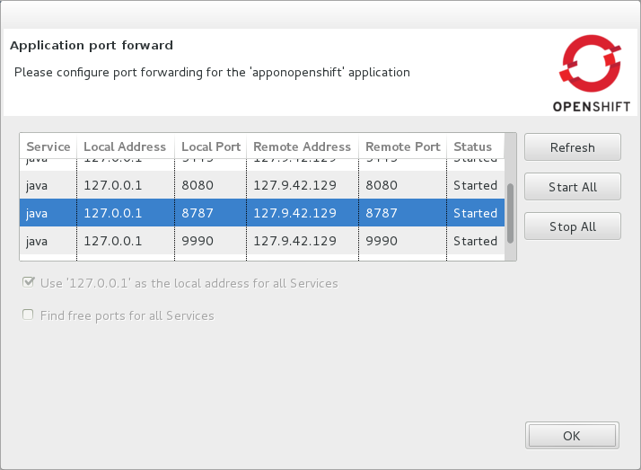 Click Start All. This connects all local ports to their remote counterpart ports, including the local and remote debug ports. Ensure the Status value shows Started for the debug ports and click OK to close the Application port forward window.