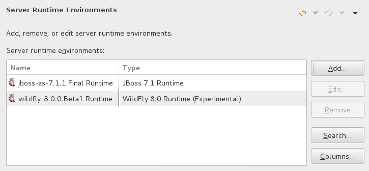 Click Window→Preferences, expand Server and select Runtime Environments.