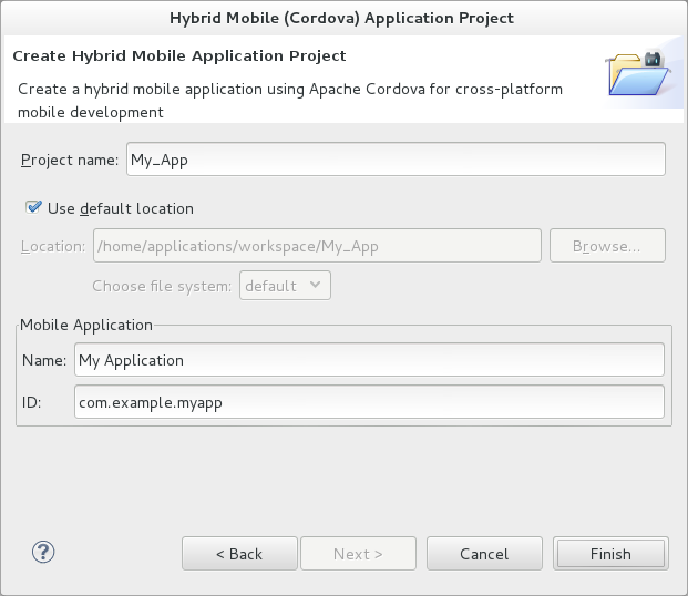 In the Project name field, type a name for the project. In the Name field, type a name by which the hybrid mobile application is to be known. In the ID field, type an ID for the hybrid mobile application.