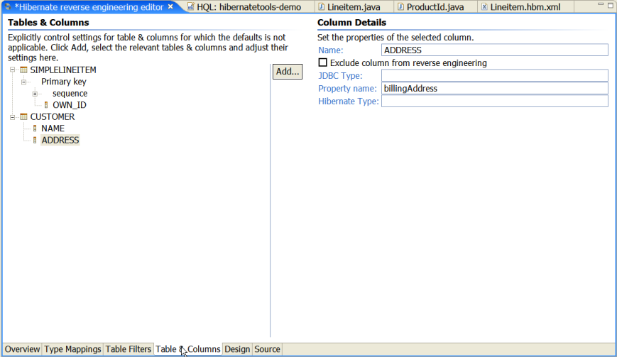 Table and Columns Page
