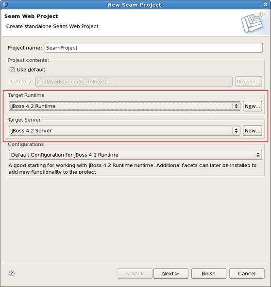 Runtime and Server Sections in the New Project Wizard