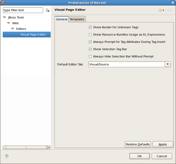 Visual Page Editor Preferences Window