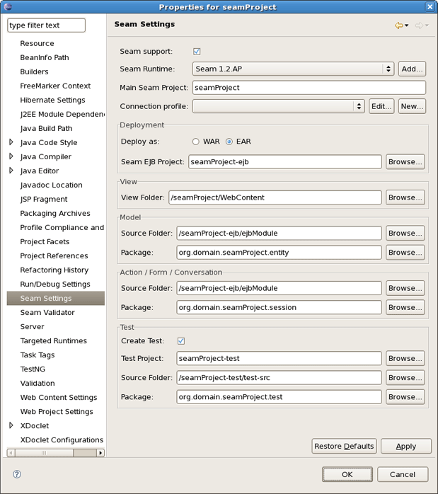 Properties for Seam Project
