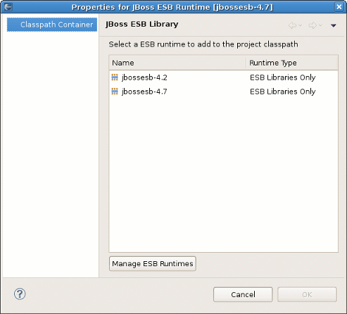Classpath Container Page to change ESB runtime