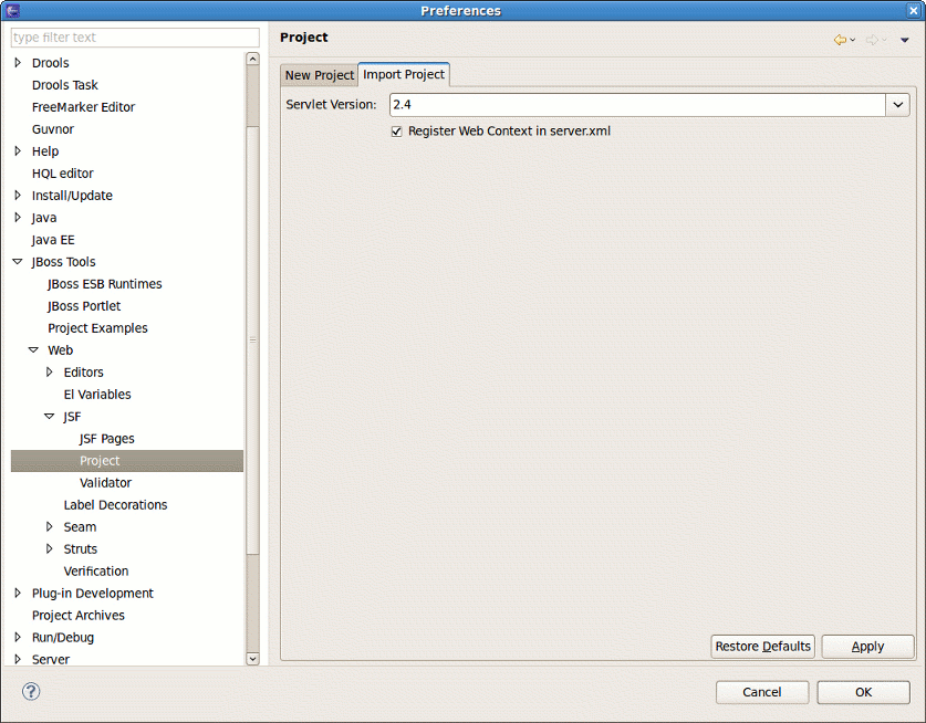 Import JSF Project Preferences
