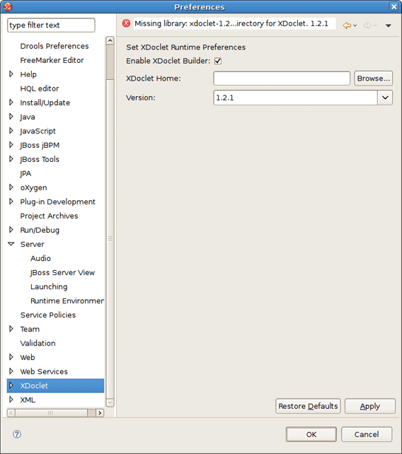 XDoclet Runtime Preferences Page