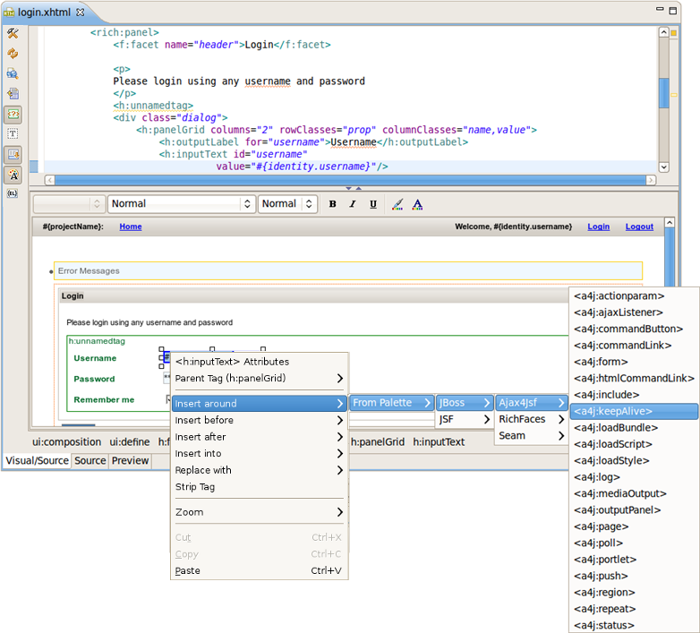 Inserting a tag into the Visual part