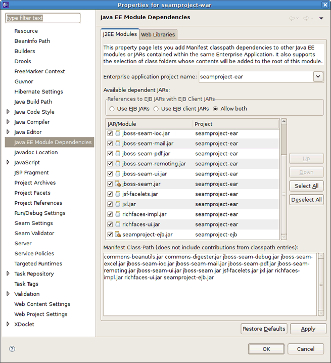 Including Libs from EAR and seamproject-ejb.jar to WAR Manifest Class-Path