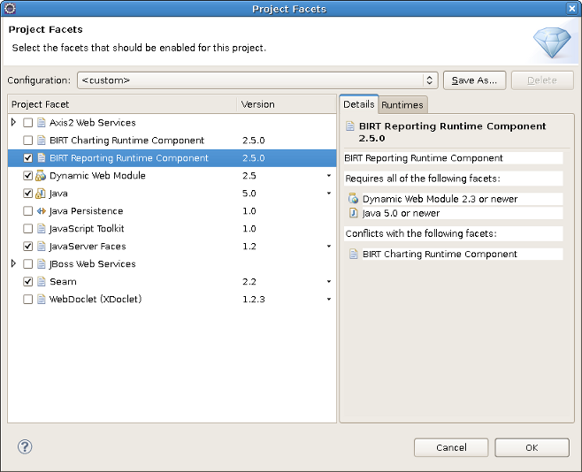 Adding the Birt Reporting Runtime Component Facet