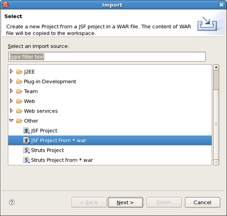 Selecting the JSF Project From *.war Import Wizard